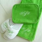 Monogramed Spa Wrap, Cosmetic Bag And Matching Slippers